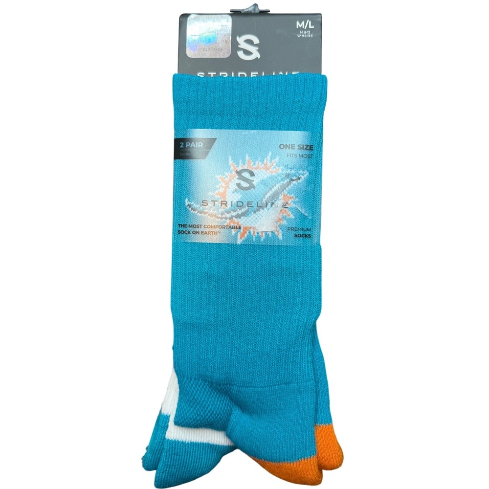 Strideline Miami Dolphins NFL Socks 2 Pair Pack Aqua Fins Crew Mens M/L 6-12‎